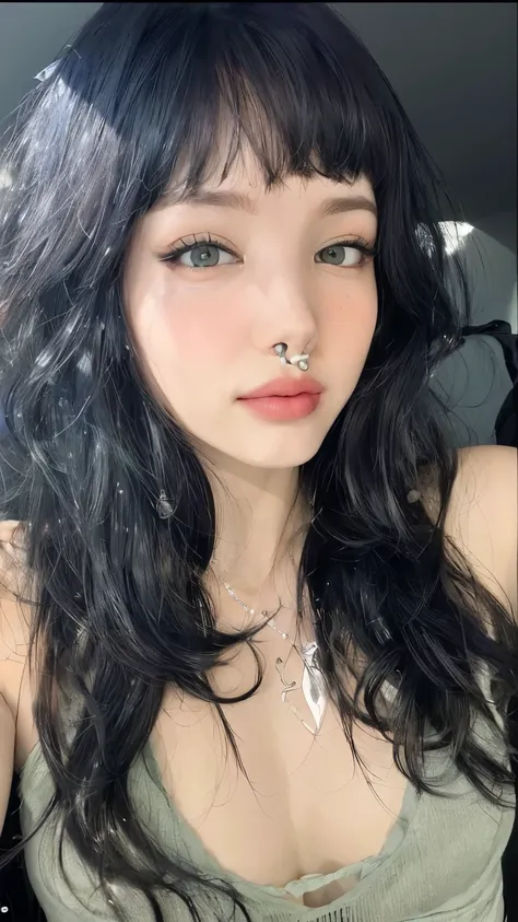 um close up de uma mulher com um piercing no nariz, com cabelos longos e olhos penetrantes, piercing septal, olhos escuros e penetrantes, 1 7 year old goth girl, piercing no nariz, olhar penetrante, piercings faciais, olhos castanhos brilhantes e penetrant...