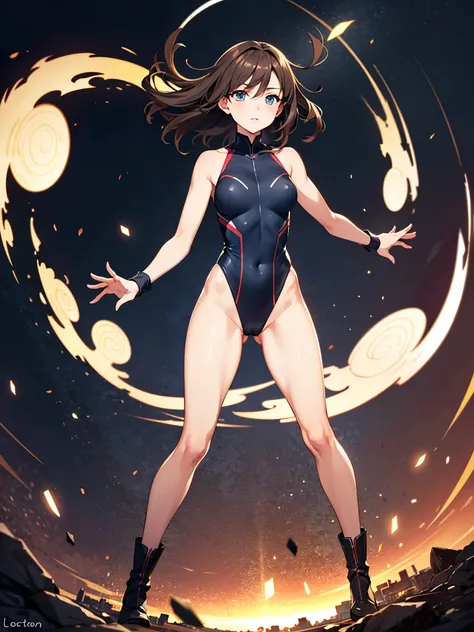 (((pixel-perfect, detail-perfect))), 1girl, superhero, leotard, highleg leotard, bare legs, boots, standing, solo focus, spread arms, ((spins fast in place like a tornado)), full body shot, city backdrop, sleeveless, ultra highres, absurdres, beautiful fac...