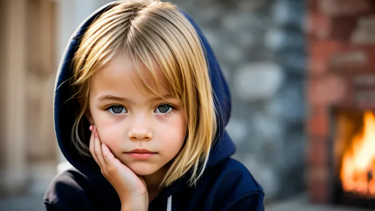 KIDS GIRL BLONDE in a black hoodie holding her head in her hands, circle of stone.