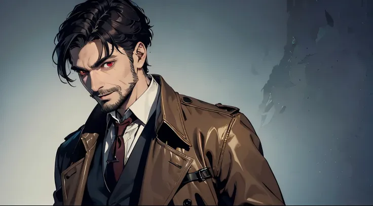 A solo vampire man with short hair, beard, red eyes, wearing a trench coat, staring at the viewer smiling showing his fangs. horror themed. by him self.