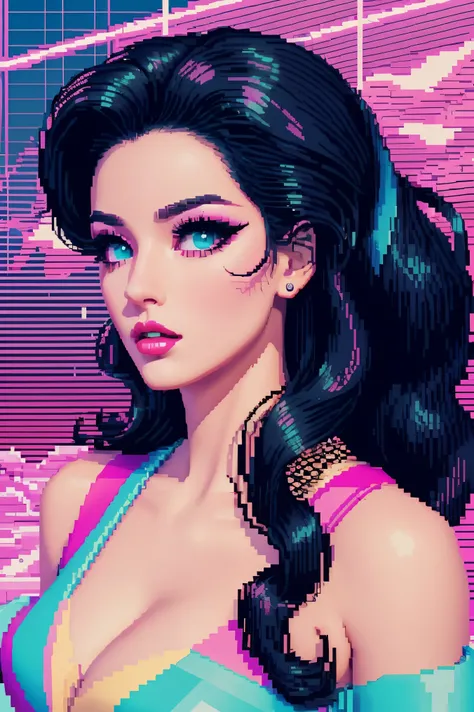 pixel style，vaporwave style，vaporwave aesthetics，1Beauty with long wavy black hair，makeup,red lipstick，Eyes look upwards，from the front，above shoulder，hazy street background