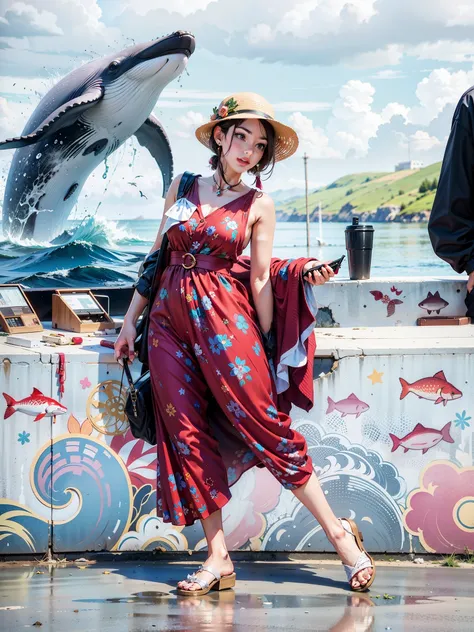 Woman wearing a red dress wearing a hat Watch on the seaside bridge, whales, hunter hawks.