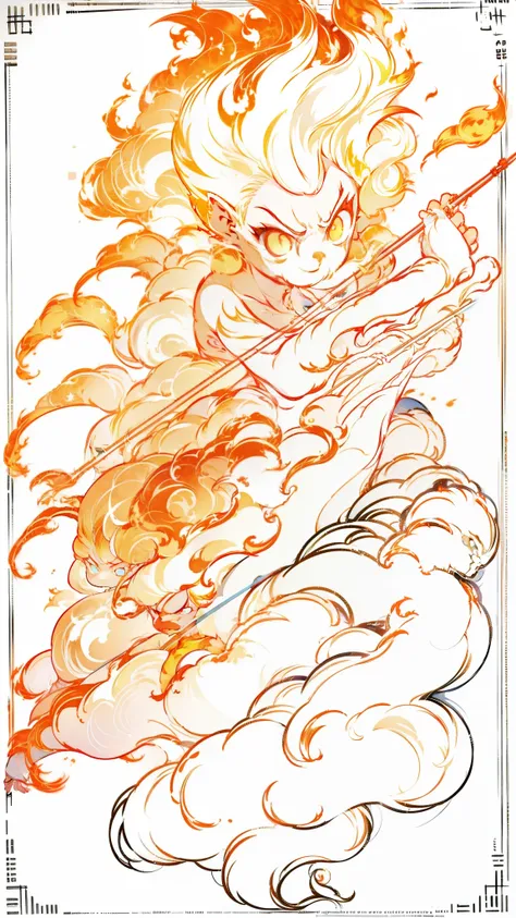 1girl,20s,small,angry,smile,white hair,flame_hair,burning body,attacking,(white background,line drawing),