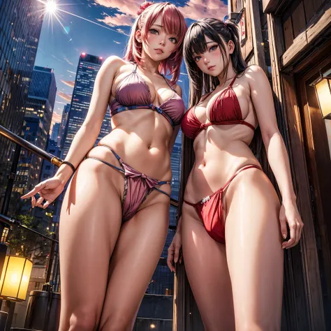 ((NSFW:-0.95)), (((nipple:-0.9))), ((Acutance:0.85)), (from below) . The background is the downtown area at (Twilight:1.4), (((Red-dyed clouds above hed:1.2))), { Skyscrapers Shining in the setting sun | (many colorful Lights:1.2) | (lens flare) | Burning ...