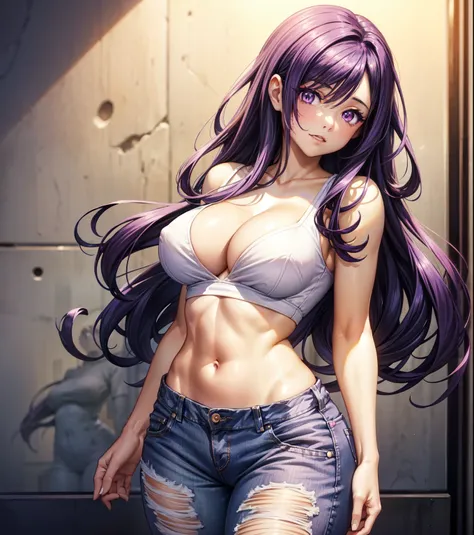 in white bra and tight denim, arms behind back, full body, wearing cropped t-shirt, bra, slim figure, medium bust, curvy girl model, 18 year old female model, burn scar on face, burn scar on right side of body, purple eyes, long dark purple hair, hanako ik...