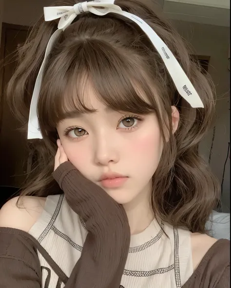 Arafed woman with a white bow on her head and a brown sweater, brown hair with bangs, brown hair and big eyes, brown hair and bangs, brown bangs, ulzzang, linda cara de anime natural, cabello limpio con flequillo, flequillo esponjoso, retrato realista kawa...