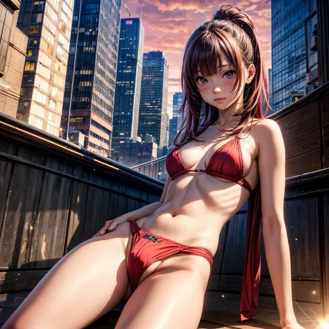 ((NSFW:-0.95)), (((nipple:-0.9))), ((Acutance:0.85)), (from below) . The background is the downtown area at (Twilight:1.4), (((Red-dyed clouds above hed:1.2))), { Skyscrapers Shining in the setting sun | (many colorful Lights:1.2) | (lens flare) | Burning ...