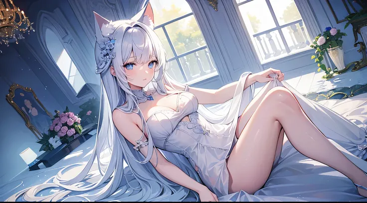 A beautiful (neko girl) with beautiful long white hair and blue eyes wearing a beautiful and delicate dress. The artwork is a masterpiece, totally perfect,super detailed.The setting is a beautiful room