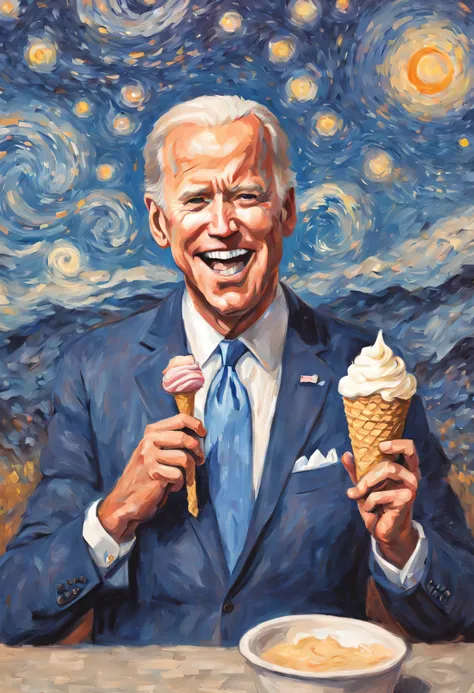 painting, fine art, portrait of president joe biden eating large ice cream cone, in the style of van gogh starry night, strong brush style, funny