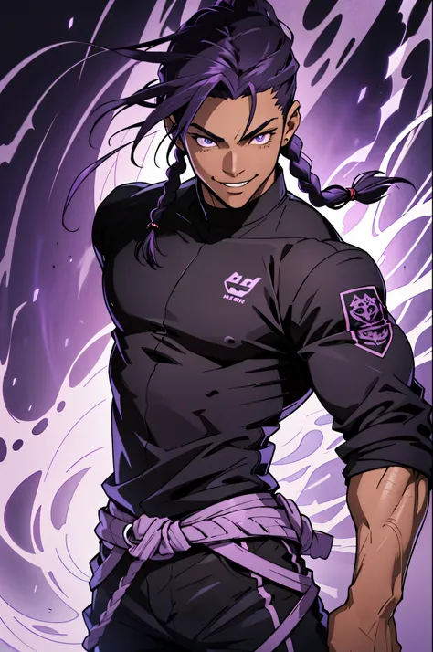 black young man, black and purple hair with two braids, olhos purpura, camiseta branca, black pants, sorriso arrogante, hunters eyes, face calma, fight pose