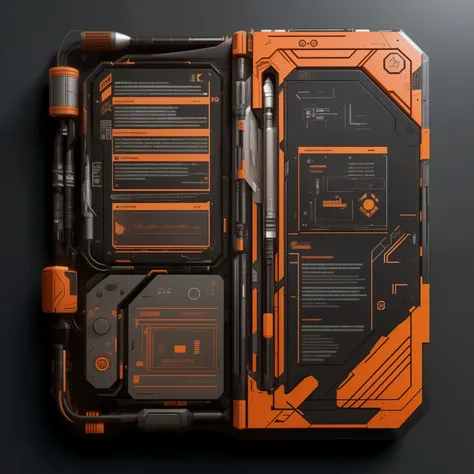 um close de uma caixa futurista laranja e preta com um teclado, computador sci-fi, hard surface 3 d, dystopian sci-fi gadgets, design scifi, sci-fi altamente detalhado, zbrush hard surface, hard surface modelling, hard surface, hard surface concept art, ho...