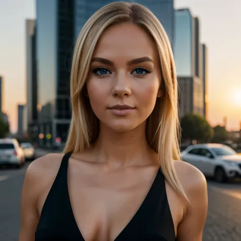 Chica vestida con ropa elegante, un vestido negro ajustado. Color de cabello rubio con una cara linda., ojos azules perfectos. Body size B. Todo el cuerpo. Escena: The camera shows a busy street with buildings on the sides in a sunset where the sun sets on...