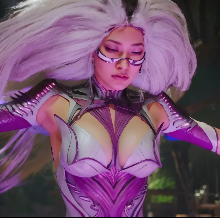 8k, melhor qualidade, Sindel mk1, imagem real, detalhes intrincados, ultra-detalhado, ultra high resolution, campo de profundidade,(photorealista,realista:1.2),obra de arte, foto de sindel, olhos brancos, cabelo branco com uma mecha preta no meio, decote, ...