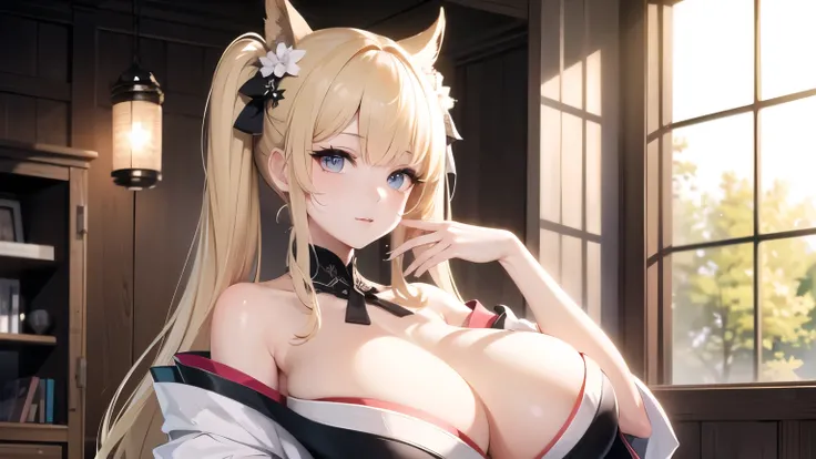 (((masterpiece, best quality))), cute girl, ((extremely detailed girl)), (huge breasts), kimono, (bare shoulders), soft and smooth skin, twin tail blonde