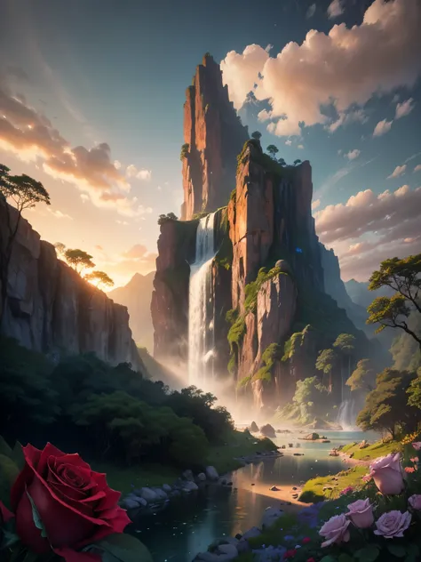 there is a large waterfall in the middle of a mountain, ((ancient city embedded in rock)), epic matte painting of an island, the...