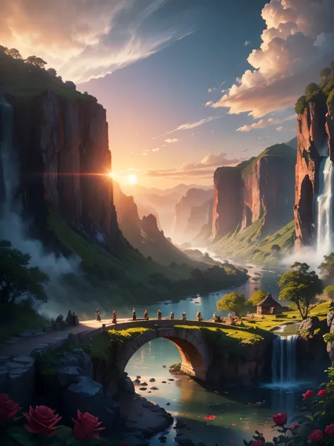 there is a large waterfall in the middle of a mountain, ((ancient city embedded in rock)), epic matte painting of an island, the...