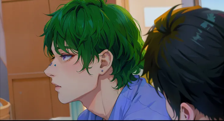 chico anime con cabello verde y una camisa morada esta hablando con la boca abierta de alguien que se les acerca