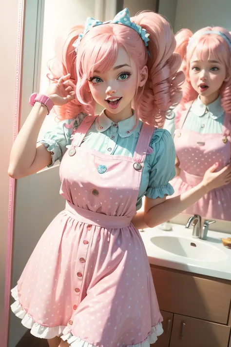 Betty Bop is a lively and quirky pink-haired girl around 25 years old. She has long, curly pink hair and sparkling, playful eyes. Dressed in her favorite bright pink pinafore dress adorned with white polka dots, she stands in front of a mirror, making an e...