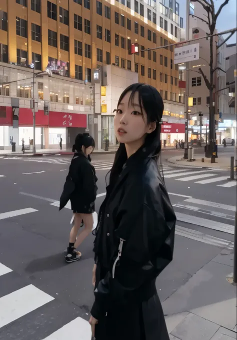 there is a woman standing on the street corner in the city, chiho, standing in a city center, jossi of blackpink, in tokio, 🚿🗝📝, in a tokyo street, in the middle of the city, jisoo from blackpink, wearing japanese techwear, けもの, jisoo of blackpink