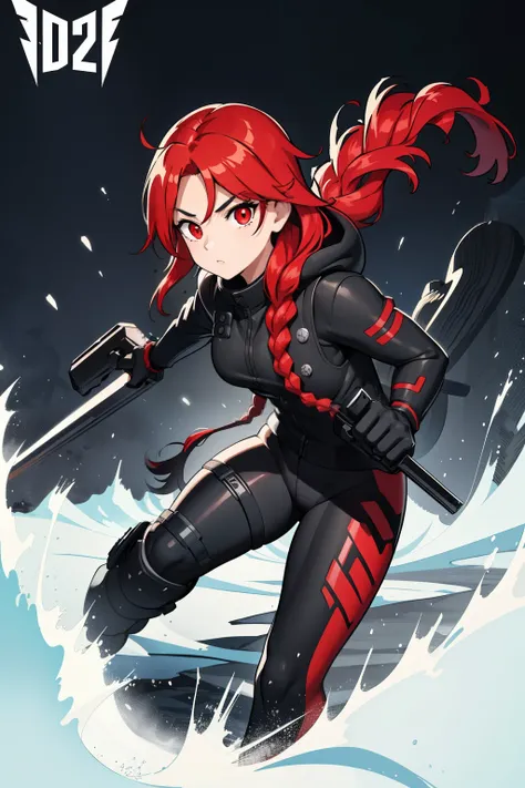 1girl, red braid hair, black suit, red eyes, female long-haired snowboarder in ski suit with helmet and snow goggles， action spo...