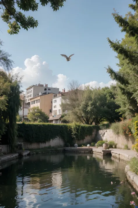 photograph of an immense and beautiful lake with calm blue waters that captures specular reflections of the gardens with colorful flowers, calles, modern buildings around. Se observan palomas blancas volando a lo lejos, and families walking on a sunny day,...