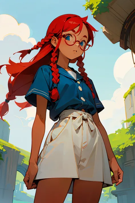 13 years old、girl、Red hair、freckles、slightly tanned skin、thick rimmed round glasses、Braid、Sky blue eyes、drooping eyes、2D illustration、Standing picture