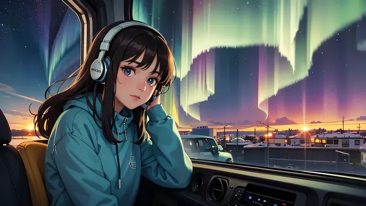 lofi one relaxed brunette girl rides inside van, looks through window, head glued to window, she sees colorful northern lights over beautiful landscape of Reykjavik. girl is at side of picture. girl has headphones. warm clothes. night. long hair