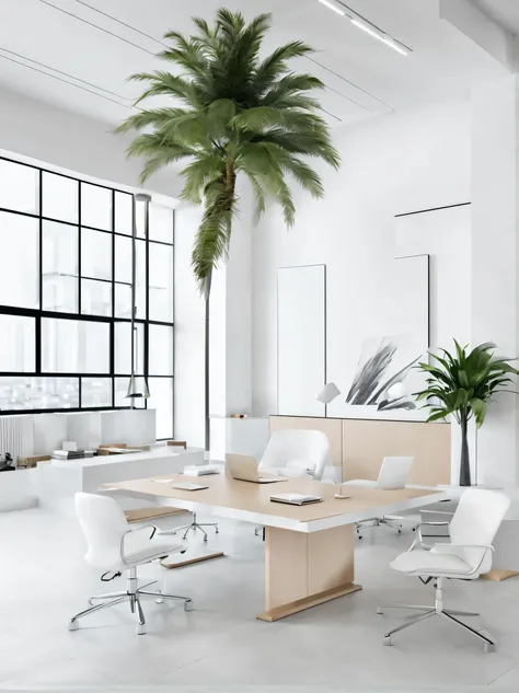 Dynamic office area with palm trees and an aesthetic minimalistic touch to it, elegant and modern