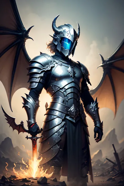 Man holding a sword of fire on one hand and holding a bible on the other, hold plated wings with diamond wing tips, dragon helmet, dragon scales armour, apocalyptic wasteland