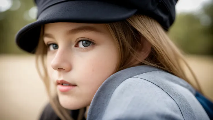 close photo kids girl blonde in his 60s, reminiscent of iconic black and white landscapes a hat. , this portrait in hyperrealist...