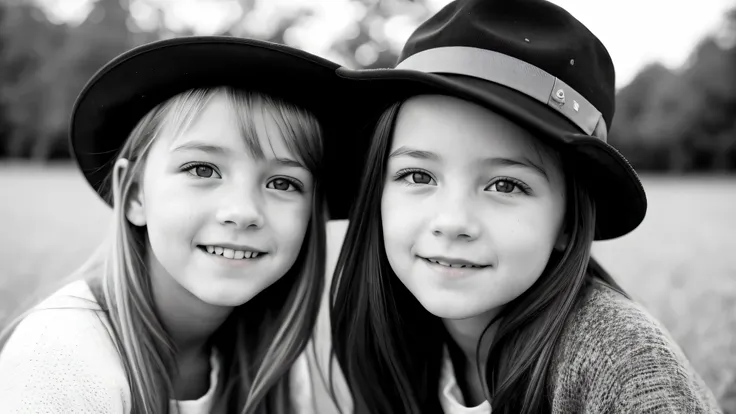 portrait photo black and white kids girl blonde in his 60s , reminiscent of iconic black and white landscapes a hat . , this por...