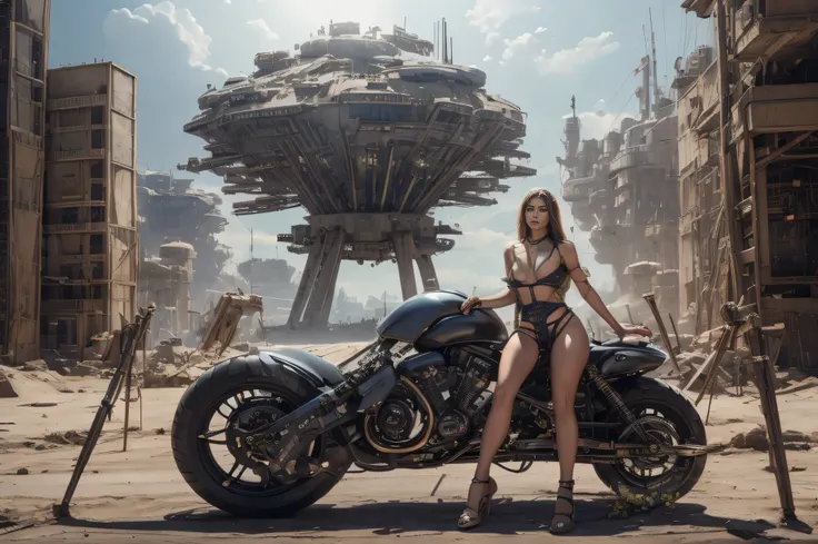 Ultra-realistic 16K CG, masterpiece, Best Composition, Photo quality, work of art, beautiful girl sitting on a fantastic flying bike , bike from the distant future, a lot of details, flies on gravitons, A lot of small details, bicycle concept art, Love, se...