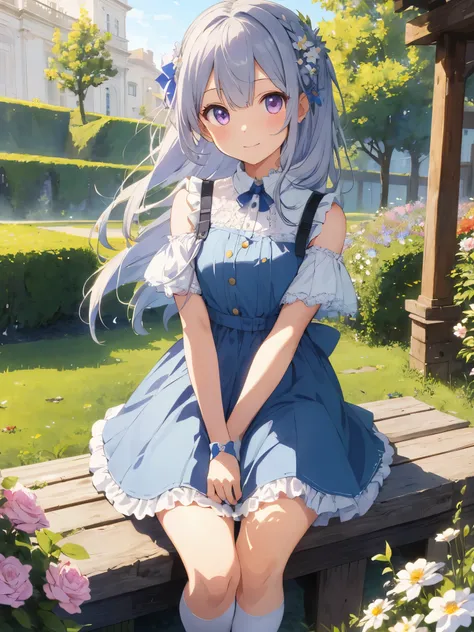 (masterpiece、highest quality、enlightenment、very high quality、High level image quality、Extremely sensitive writing)Girl with long silver hair standing in beautiful flowery garden、slight smile、She has a large bouquet、knee high socks、Cute national costume sty...