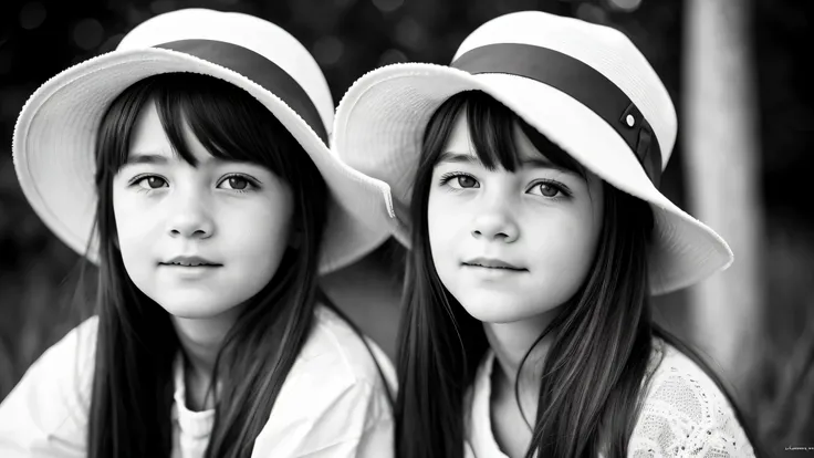 portrait photo black and white kids girl blonde in his 60s , reminiscent of iconic black and white landscapes a hat . , this por...