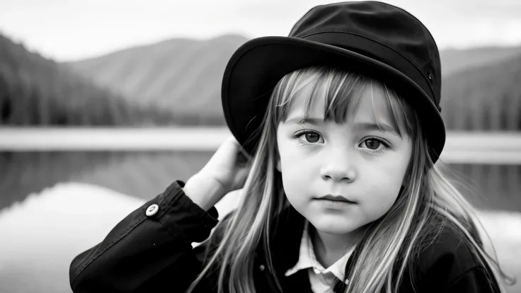 portrait photo black and white kids girl blonde in his 60s , reminiscent of iconic black and white landscapes a hat . , this por...