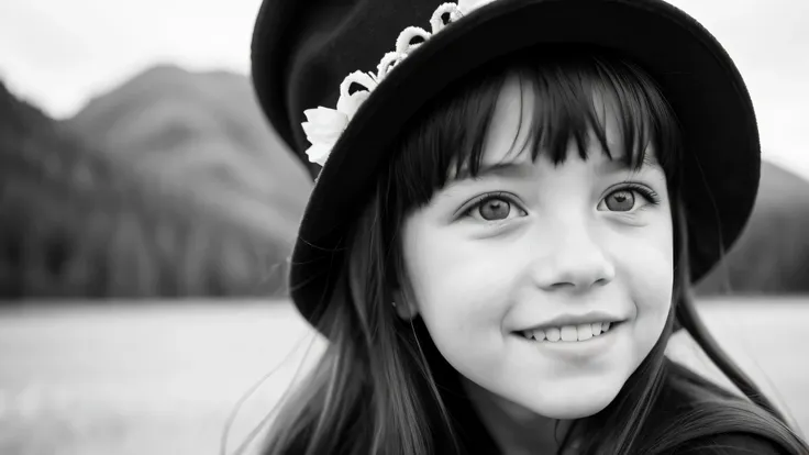 portrait photo black and white kids girl blonde in his 60s , reminiscent of iconic black and white landscapes a hat . , this por...