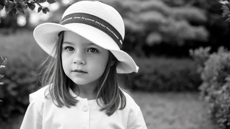 portrait photo black and white KIDS GIRL BLONDE in his 60s , reminiscent of iconic black and white landscapes a hat . , this portrait in hyperrealistic detail, .((best quality)), ((masterpiece)), (detailed), 8k uhd, Nikon 70d, ISO200, F/2.8, 1/25sec, 70mm....