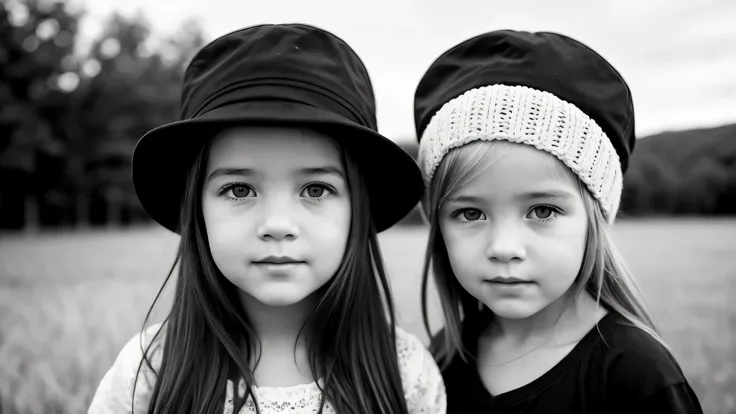 portrait photo black and white kids girl blonde in his 60s , reminiscent of iconic black and white landscapes a hat . , this por...