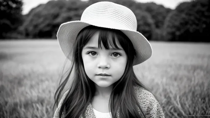 portrait photo black and white kids girl blonde in his 60s , reminiscent of iconic black and white landscapes a hat . , this por...