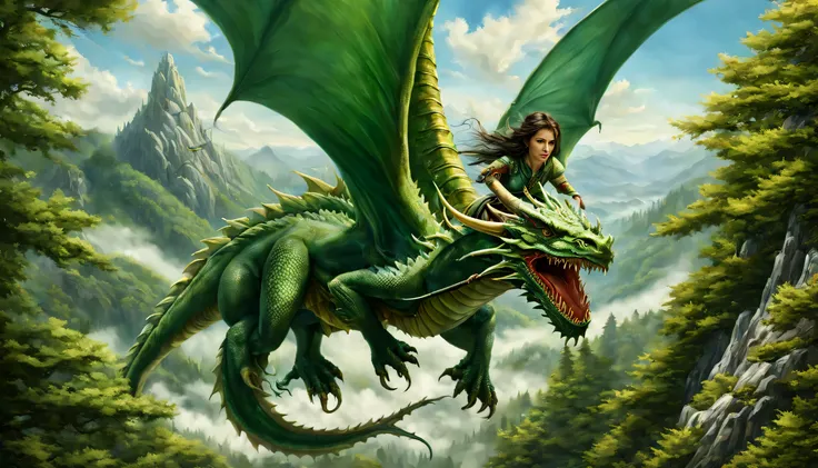 the forest dragon, Green Dragon, Ultra resolution, detailed information, masterpiece, Best quality, High quality, a high resolution, ((Flying Dragon)), dragon flying over the the forest, the forest, mountains, ((female warrior on a dragon)), ((((Horseman))...