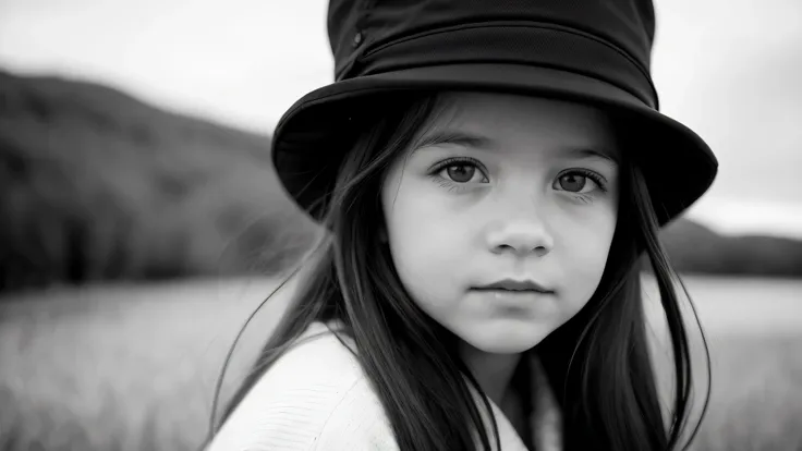 portrait photo black and white kids girl blonde in his 60s , reminiscent of iconic black and white landscapes a hat . , this por...