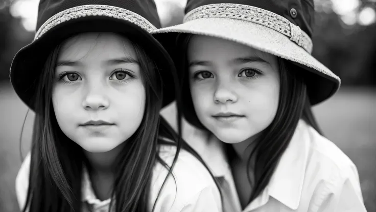 portrait photo black and white kids girl blonde in his 60s , reminiscent of iconic black and white landscapes a hat . , this por...