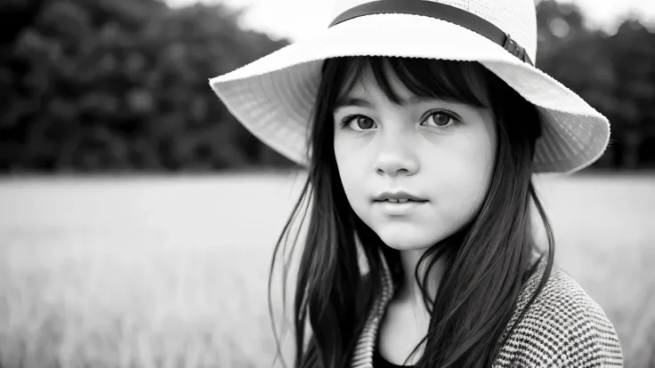 portrait photo black and white kids girl blonde in his 60s , reminiscent of iconic black and white landscapes a hat . , this por...