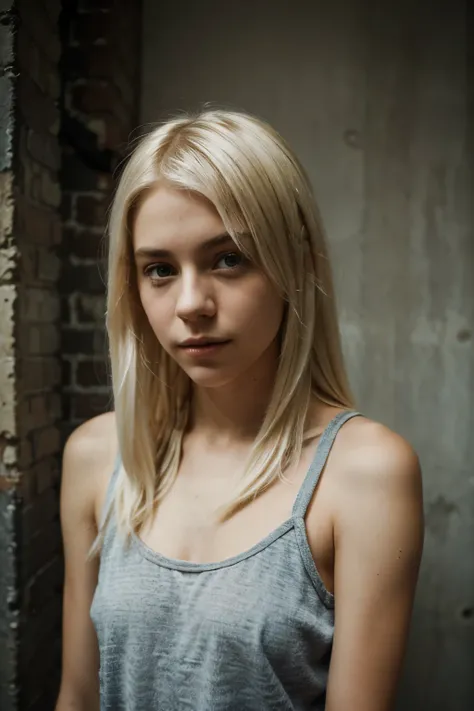 Girl, skateboard, white blonde hair, using the four most commonly used texture maps ,create a photograph, create an atmosphere of mystery, add an expression on her face to match the theme