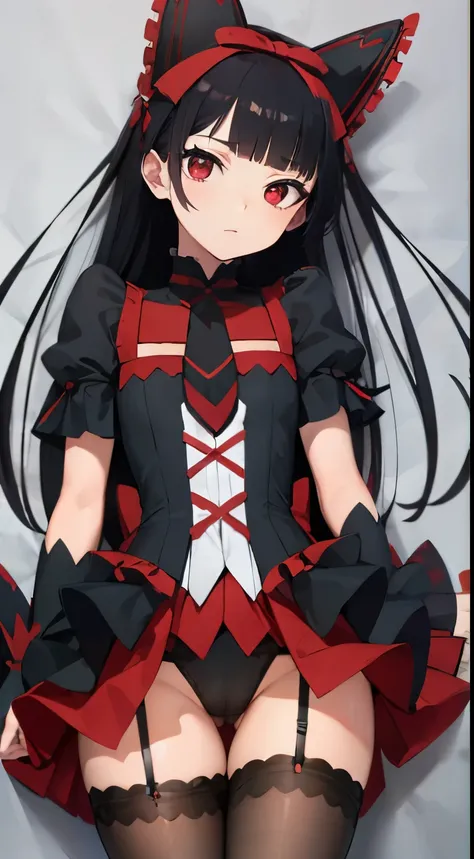 Rory Mercury, Rory Mercury, Red colored hair, blunt bangs, hime cut, hair ornament, red lipstick, hairlong, cute face , angry , makeup, (:1.2), (red eyes:1.5), BREAK Gothic underwear, the perfect body (little chest:1.3) Hornny,  BREAK in full growth, red s...