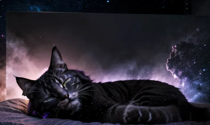 cat,universe,deep space,purple galaxy,floating stars,distant planets,nebula clouds,sparkling meteors,bright moonlight,cosmic energy,mysterious atmosphere,vibrant colors,shining eyes,sleeping cat,peaceful expression,gentle fur texture,serene surroundings,pe...