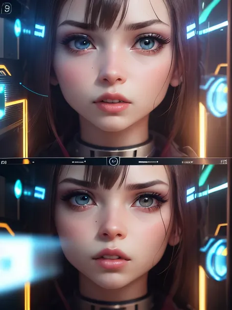 female robot imitate sex,ancoragem,Robot malfunction,Olhos emissores de luz,Revision,cinematic angle