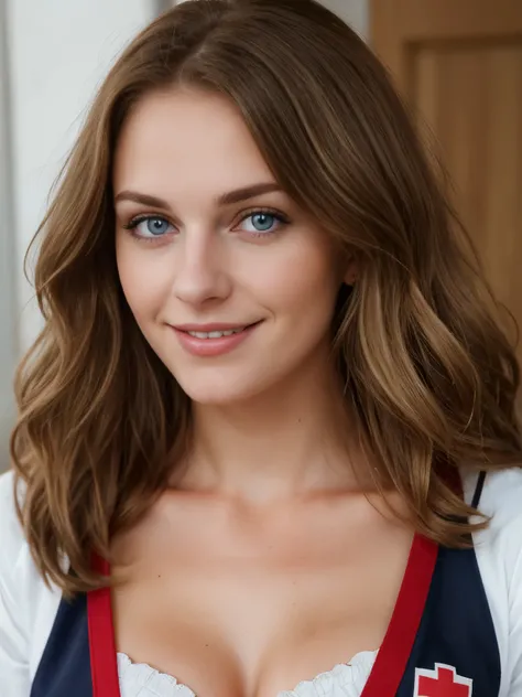 beautiful young woman with brunette hair with blonde highlights, about 23 years old, dark blue eyes, large natural breasts, wearing a german red cross outfit, cute smile