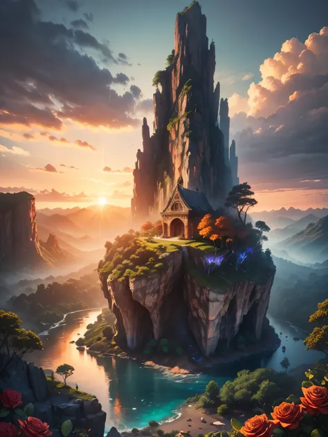 There is a large waterfall in the middle of a mountain, ((ancient city embedded in rock)), epic matte painting of an island, the lost city in the jungle, an Aztec city on an island lake, intricate and beautiful concept art, highly realistic concept art oil...