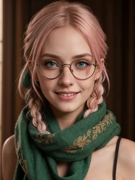 (Realistic:1.2), photorealistic atractive beautiful woman with braided pink hair, green eyes, little freckles. wearing a Slytherin scarf, glasses, adventurer outfit, high highs, cute sexy, nudist, feminine pose in a Hogwarts, cinematic lighting, ethereal l...